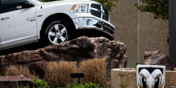 A truck displayed near an entrance to the Stellantis Warren Stamping Plant in Warren, Michigan, US, on Sunday, May 5, 2024. Roughly 1,000 members of the United Auto Workers (UAW) will vote May 6 on whether to authorize a strike at Warren Stamping Plant north of Detroit. Photographer: Emily Elconin/Bloomberg