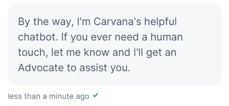 screen shot of message from Carvana's chatbot Sebastian